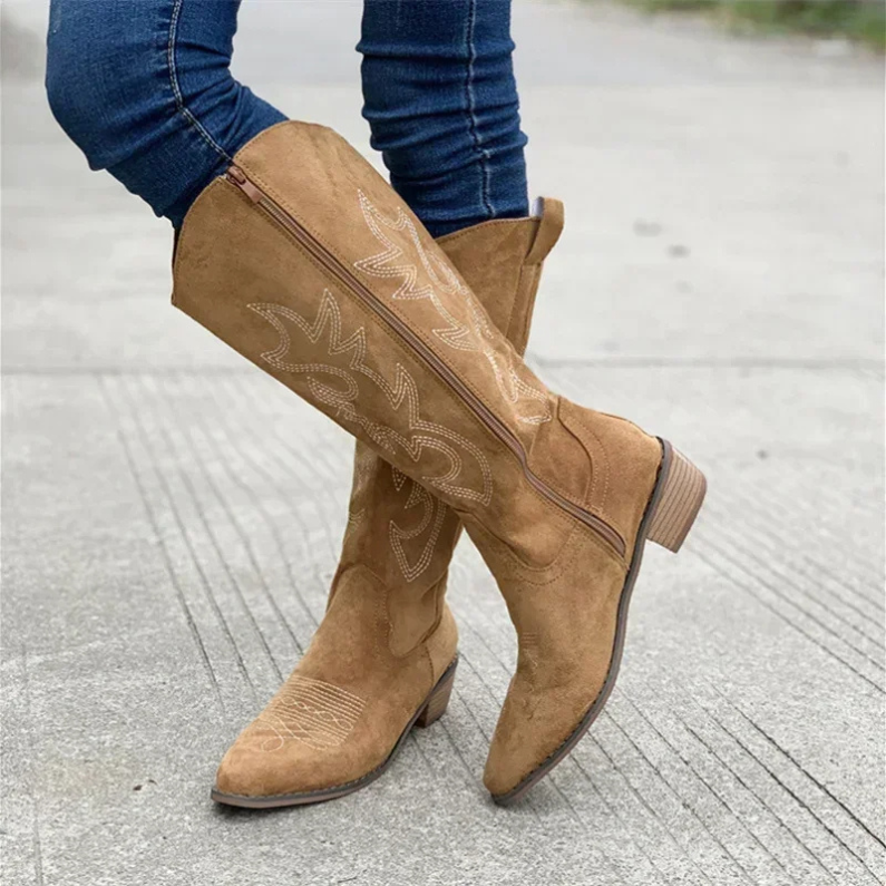 Bottes Cowboy en Daim avec Fermeture Éclair & Broderies – Chic Western pour Femme