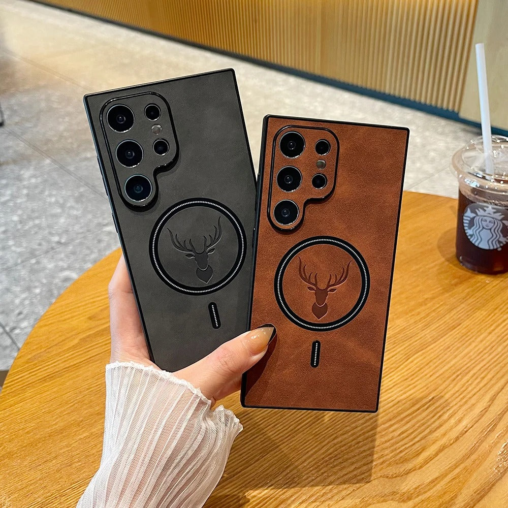 Coque en cuir élégante avec motif cerf et chargement sans fil