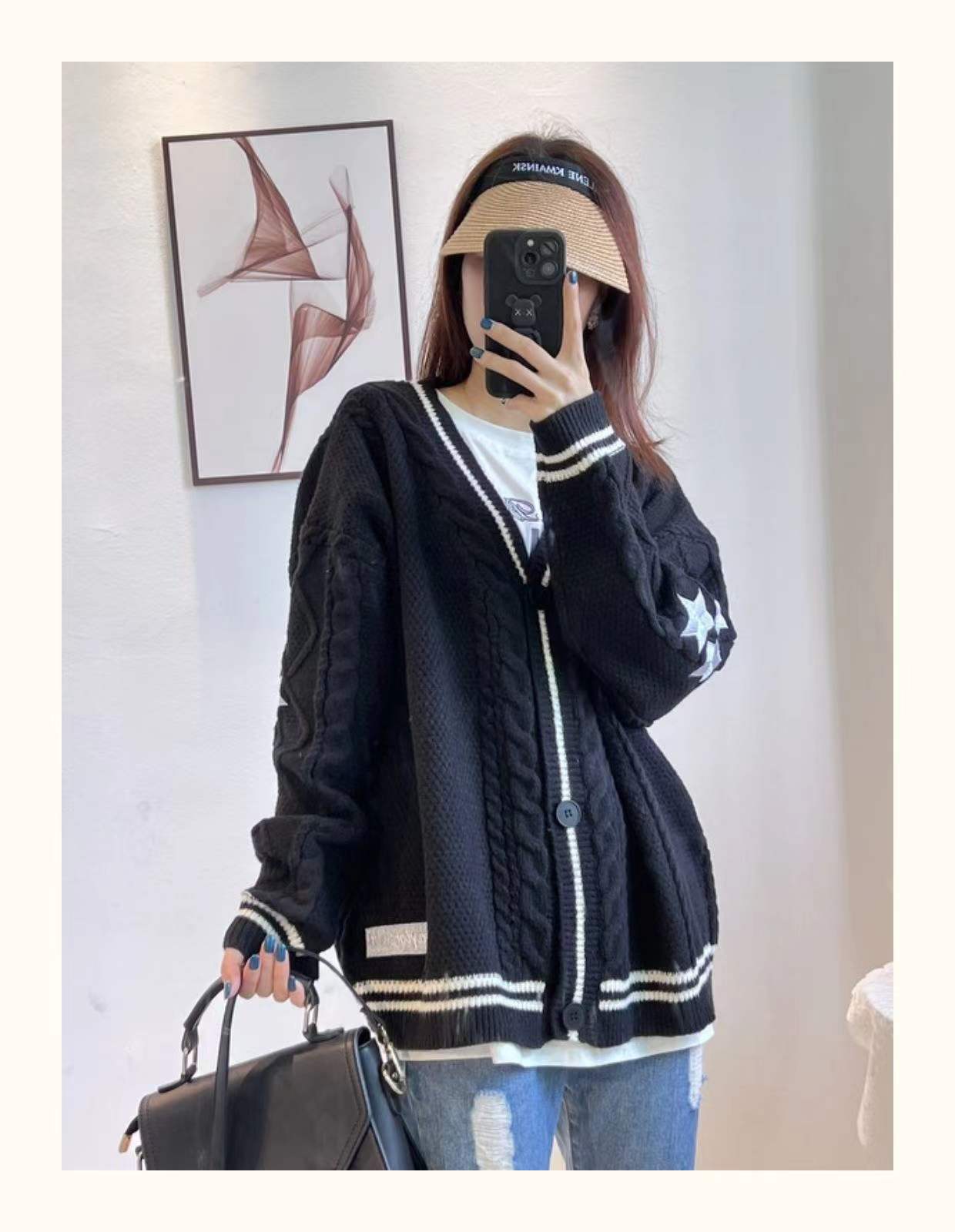 Cardigan oversize en maille torsadée brodée d'étoiles