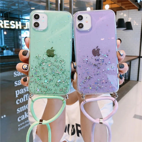 Coque scintillante avec cordon pour iPhone