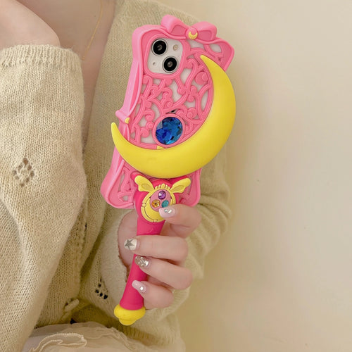 Funda hueca para teléfono con diseño de estrella, luna y palo de dibujos animados 