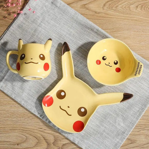 Juego de taza, tazón y plato de cerámica de Pikachu