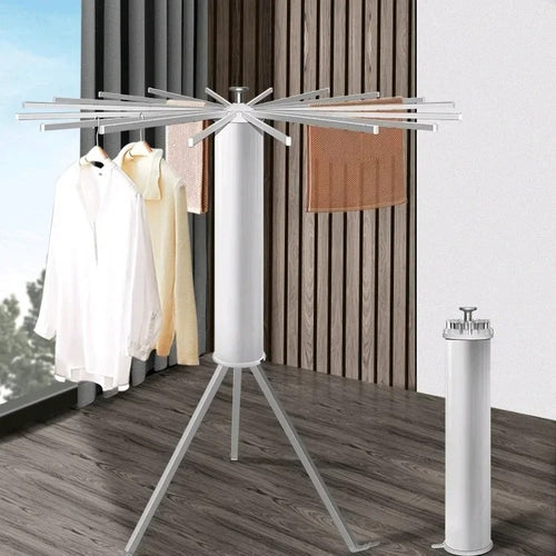 Secador de ropa plegable con forma de paraguas: ahorra espacio y es práctico.