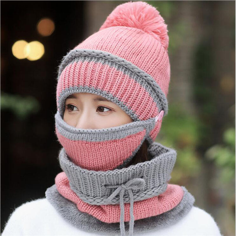 3 en 1 Bonnet tricoté d'hiver et écharpe Circulaire avec Masque Facial