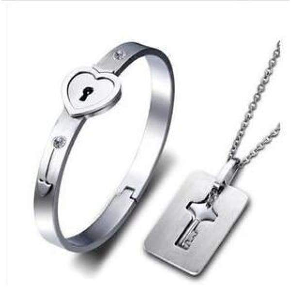 Bracelet cur & pendentif clé pour les couples - Argent - Jewelry Sets
