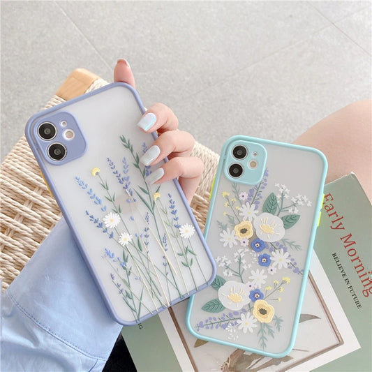 Coque à fleurs mate anti-chute pour iPhone