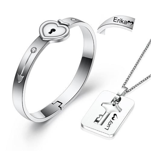 Nom personnalisé Bracelet cœur & pendentif clé pour les couples